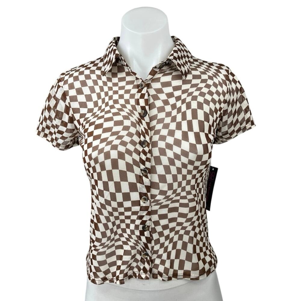 NEW No Boundaries Brown White Gingham Check Illusion Button Down Shirt Top S - Picture 1 of 6